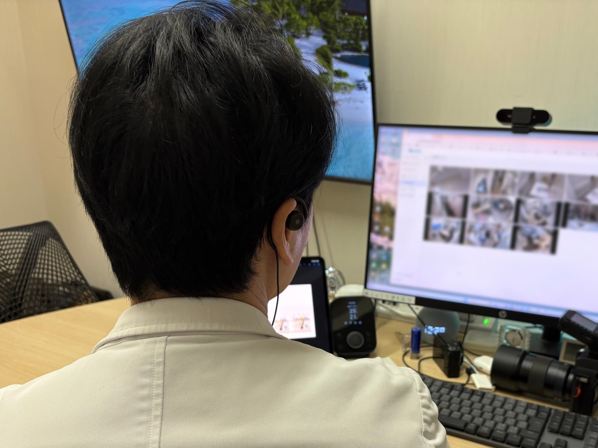 リノクリニック東銀座 宮崎院長 SafieのカメラでPCから院内をモニタリングし、BONX WORKで会話するイメージ