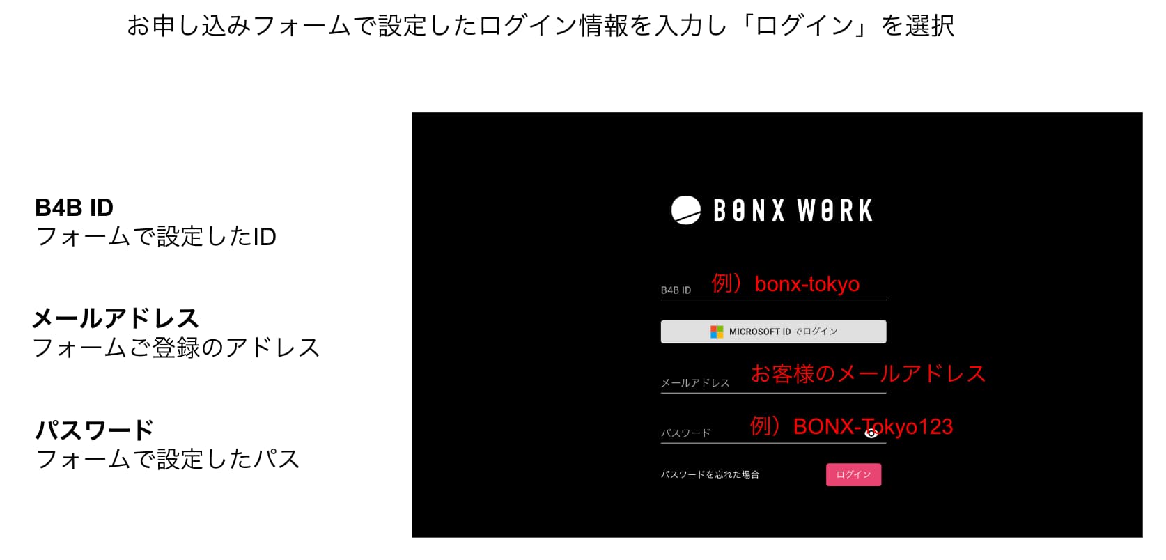 bonxworkログイン情報入力画面